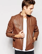 Leather Men Bomber Genuine Leather Brown Motorcycle Biker Jacket XS-2XL FB190
