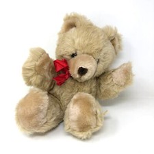 Eden Teddy Bear Plush Tan Beige Red Satin Bow 9" Seated Vintage 80s Lovey