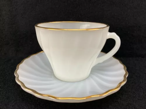 Vintage Anchor Hocking Fire King Swirl Milk Glass Coffee Cup & Saucer Gold Rim