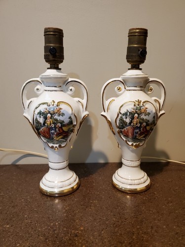 Pair of ROYAL OXFORD Antique Table or Dresser Lamps Courting Couple Grannycor