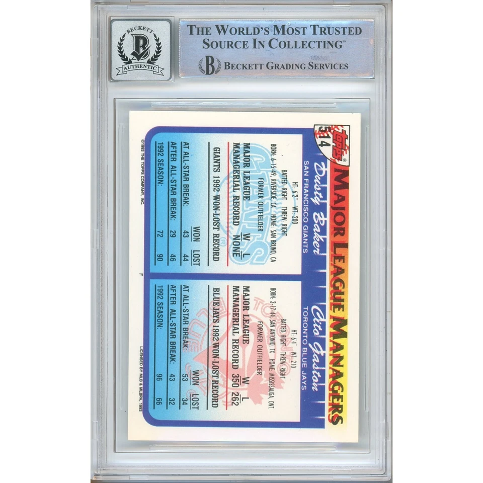 Dusty Baker Signed 1993 Topps #514 Card AUTO 10 Beckett BGS Slabbed SF Giants - Image 4 of 4