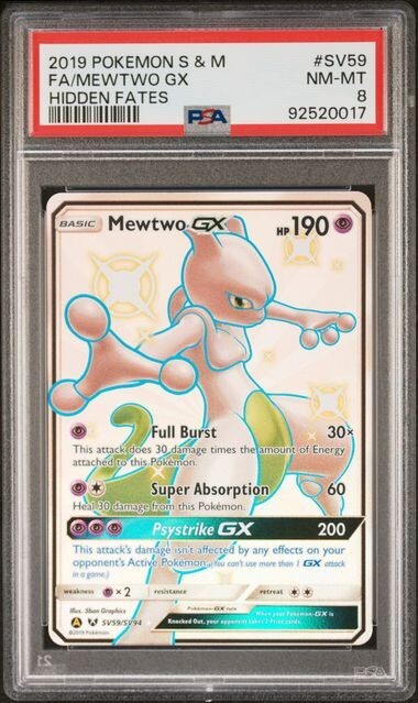 PSA 8 MINT 2019 Pokemon Hidden Fates MEWTWO GX SV59 FULL ART Shiny
