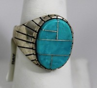Navajo Indian Ring Turquoise Inlay Oval Size 11-3/4 Sterling Silver Ray Jack Navajo Indian Ring Turquoise Inlay Oval Size 11-3/4 Sterling Silver Ray Jack