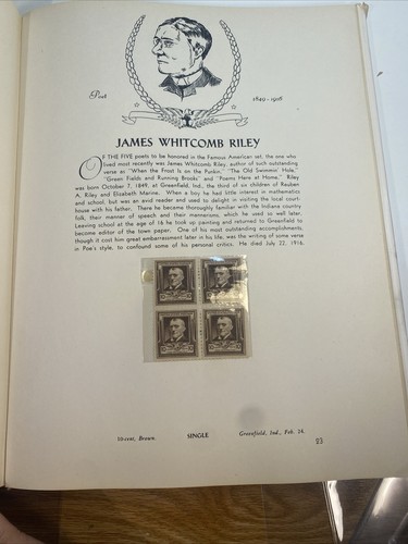 US Stamp Album Famous Americans Series 1940 with cpl set of single & blocks of 4 - Picture 13 of 24
