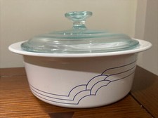 CORNING Classic Elegance DECO Blue Stripe ROUND COVERED CASSEROLE 1.5 Liter C115