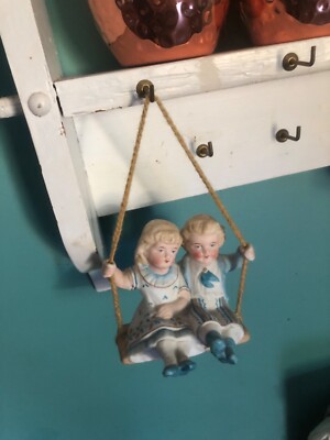 Antique German Porcelain Bisque Swinger-Girl & Boy In Blue & White On A Swing