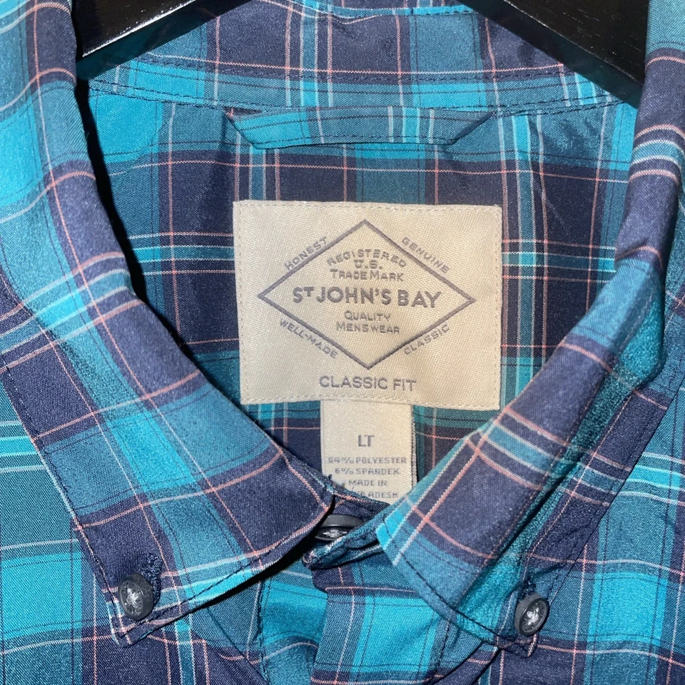 CAMISA ABOTONADA HOMBRE St John’s Bay verde azulado azul marino a cuadros talla grande alta Foto 3 de 4
