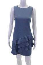 Alice + Olivia Womens Sleeveless Solid Ruffle Trim Shift Dress Blue Size 8