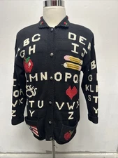 VTG ABC School Teacher Apple AOP All Over Print Cardigan Knit Sweater Size S