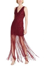 Adrianna Papell V-Neck Embellished Mesh Dress Ruby