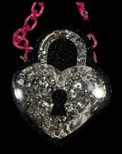 Edie Parker Heart Lock Clutch Black Glitter Acrylic Bag Pink Chain Purse