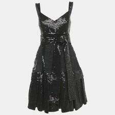 Elie Saab Black Sequin Embroidered Silk Blend Tiered Midi Dress M