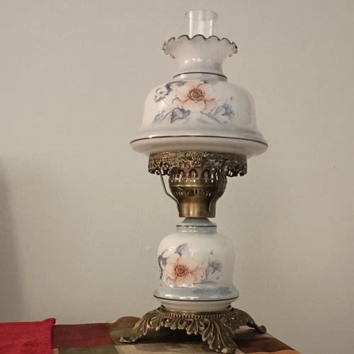 Vintage Milk Glass Floral  Hurricane Table Lamp, Transferware Blue, Pink Flowers