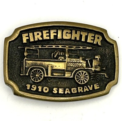 Vintage Belt Buckle Firefighter Solid Brass 1910 Seagrave Fire Truck BTS MadeUSA