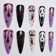Halloween Press on Nails Long Almond Fake Nails Horror Ghost Artificial Glue on