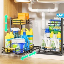 Delamu Under Sink Organizer 2 Pack Adjustable Slide Out Storage Shelf Black