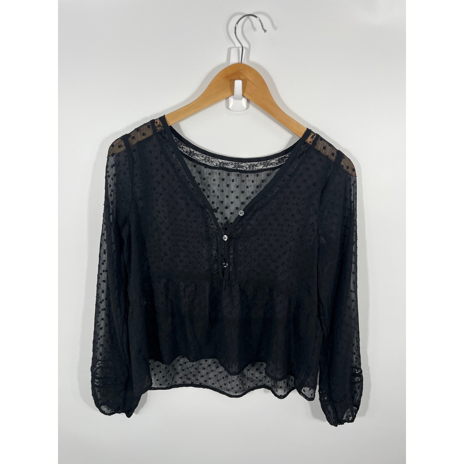 Womens Blouse L Black Sheer Lace Whimsigoth Dark Fairy Feminine Romantic