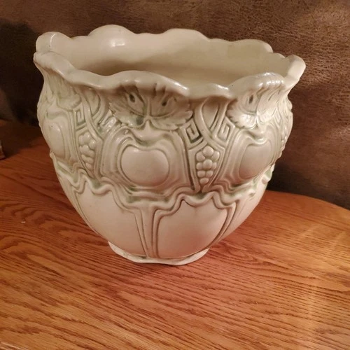 Antique Weller Clinton Ivory Grn Planter Jardiniere Medallion 8.5x9.5" Vintage