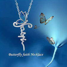 Blue Butterfly Faith Cross Necklace for Teen Girls   Elegant Zinc Alloy Pendant