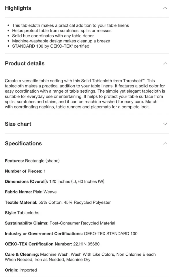 🥥 Threshold 60" x 120" Solid Cotton Blend Rectangular Tablecloth🆕 AS SHOWN👇 - Image 3 of 4