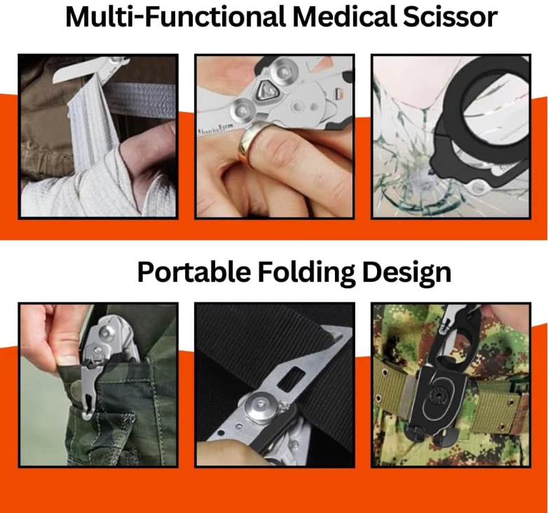 Pack 2 Tijeras Trauma 6 en 1 Plegables Acero Inoxidable con Funda Rescate Foto 4 de 4