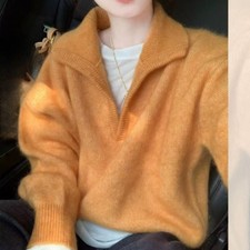 Damen Mohair Optik Strickpullover mit Kragen Longsleeve One Size Casual Warm