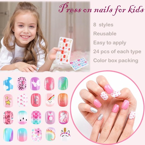Press on Nails for Kids, 192PCS Kids Fake Girls Colorful Multicolor - Picture 2 of 6