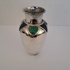 Vtg Emilia Castillo Mexico Silver Plated Vase Inlaid Lapis & Chrysocolla 6"x3.25