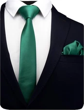 2.4" Slim Necktie and Handkerchief Set for Men Solid Skinny Tie Emerald Green