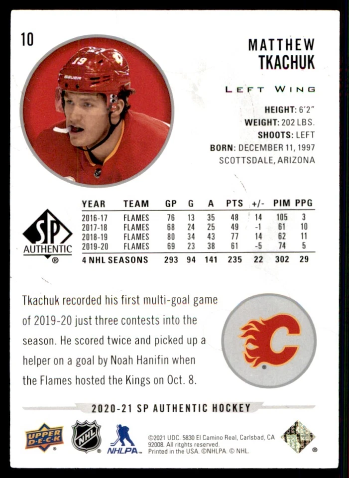2020-21 SP Authentic Matthew Tkachuk #10 - Image 2 of 2