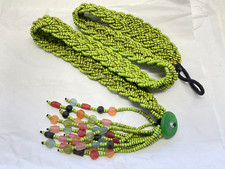 VINTAGE Belt Beaded Woven Hand Made Green W/Multi Colored Glass Bead Tassels HIP