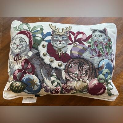 Christmas Throw Pillow 18'' Kitty Cat Vintage Tapestry Kitties by Bess