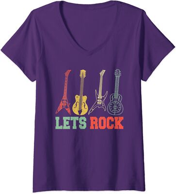 Lets Rock Rock N Roll Guitar Retro Music Gift Ladies' V-Neck Tshirt