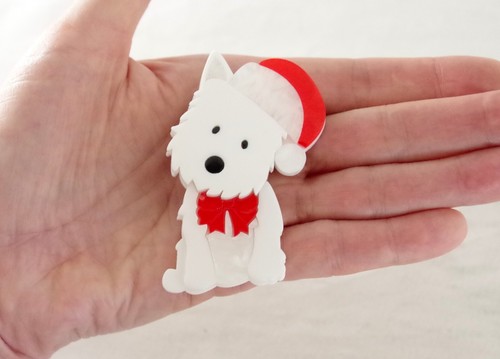 2.5" NWOT WHITE TERRIER DOG IN SANTA HAT LAYERED ACRYLIC CHRISTMAS BROOCH PIN - Picture 6 of 15