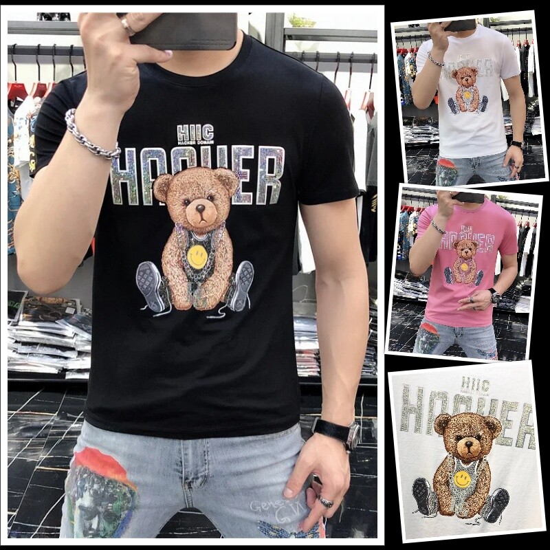 New Fashion Bear Rhinestone Short Sleeve Luxury Men