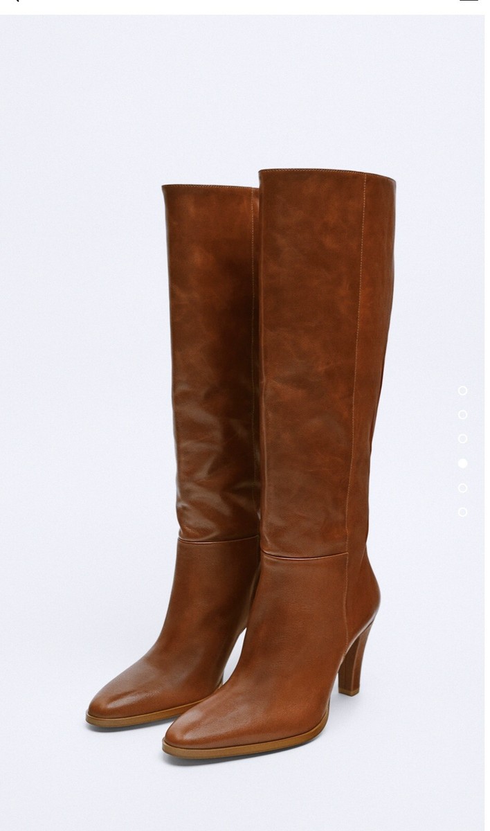 Zara Tan Brown Leather Mid Heel Knee High Boots UK4 EU37 US6