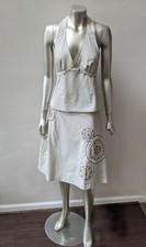 VTG Y2K RETRO KHAKI COTTON 2 PC EMBROIDERED BEADED HALTER A LINE SKIRT SET 4