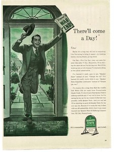 1944 Quaker State Oil future man shouts Good News War Ends art Vintage Print Ad
