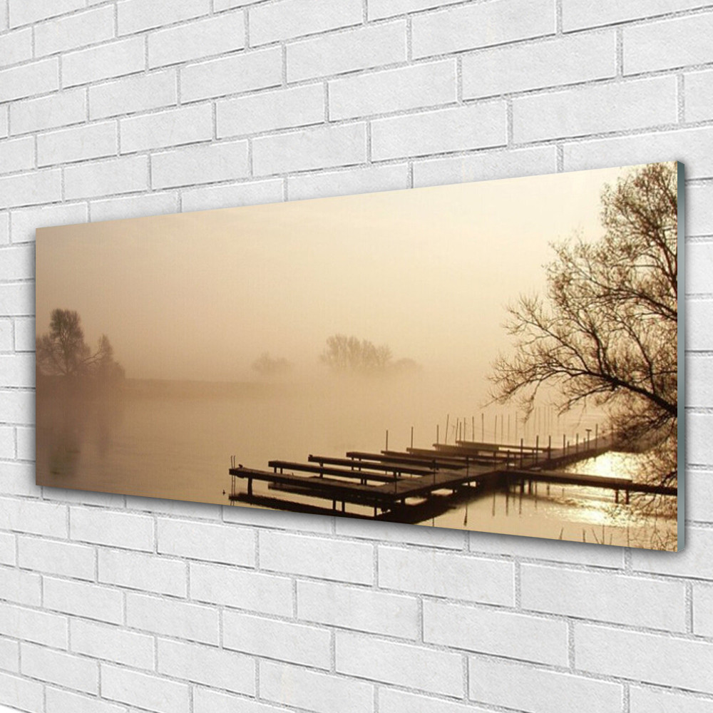Paysage pont eau brouillard imprimé sur grand tableau en verre acrylique 125x50 cm