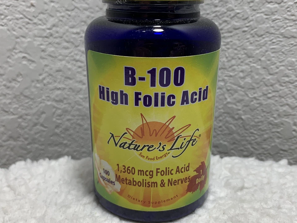 Nature's Life B-100, ácido fólico alto, 1360 mcg ácido fólico, metabolismo y nervios Foto 2 de 4