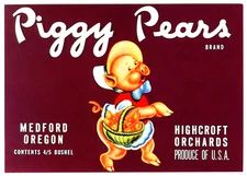 PIGGY PEARS~CARTOON PORKY PIG~NEW 1981 HISTORICAL FRUIT CRATE LABEL ART POSTCARD