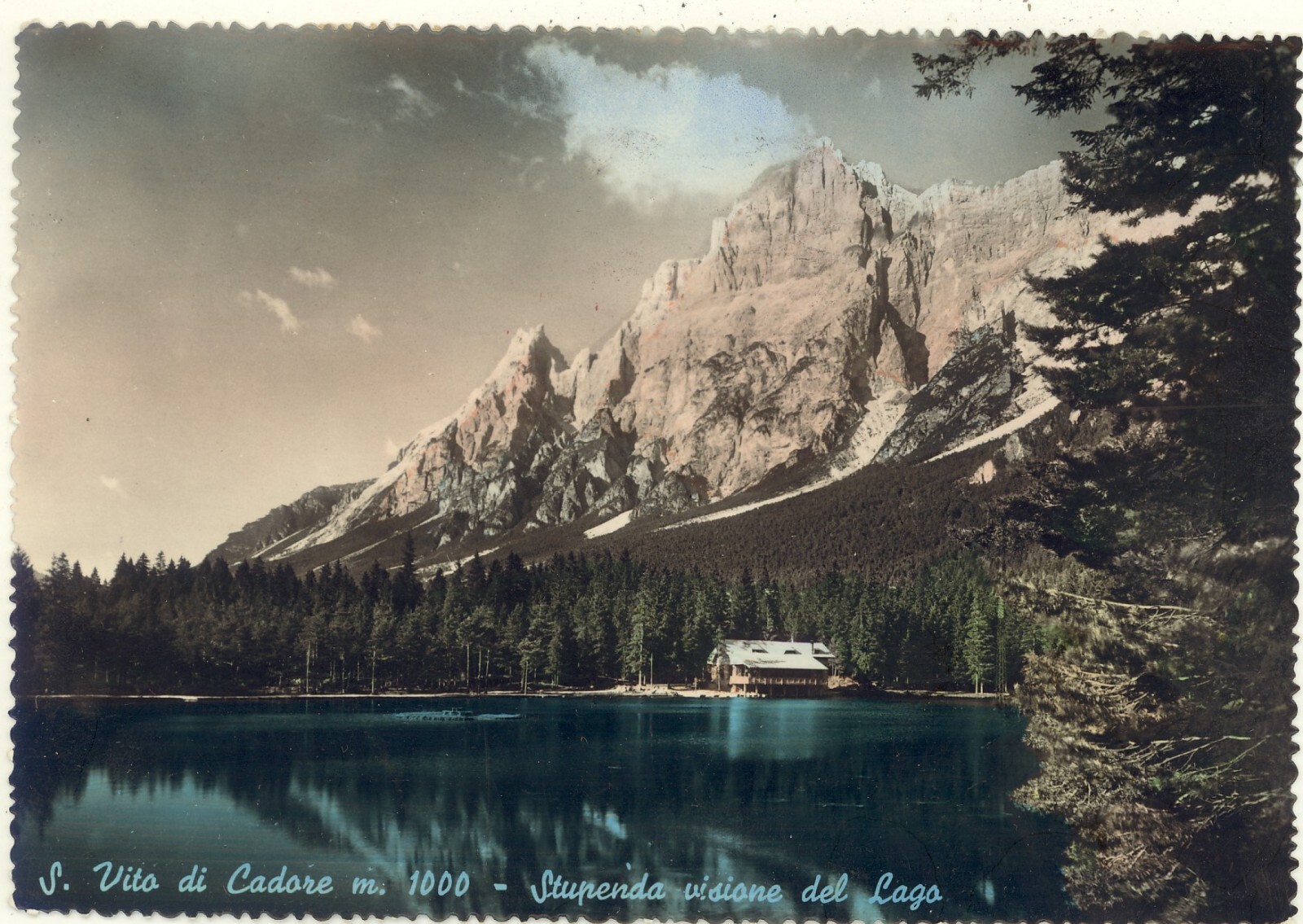 S.VITO DI CADORE -BELLUNO -STUPENDA VISIONE DEL LAGO 1952 ACQUERELLATA CARTOLINA