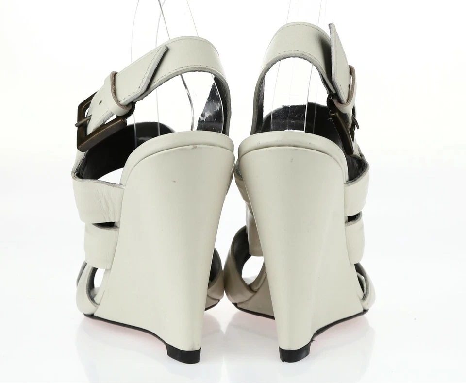 Sandalias modernas vintage de cuero marfil con tiras de cuña alta para mujer talla 38,5 nuevas Foto 3 de 4