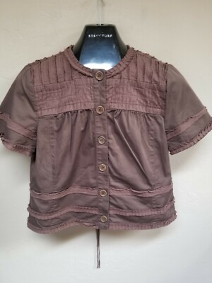 New BCBGMAXAZRIA Ruffle Top Size Large Short Sleeve Collarless Brown Button Down