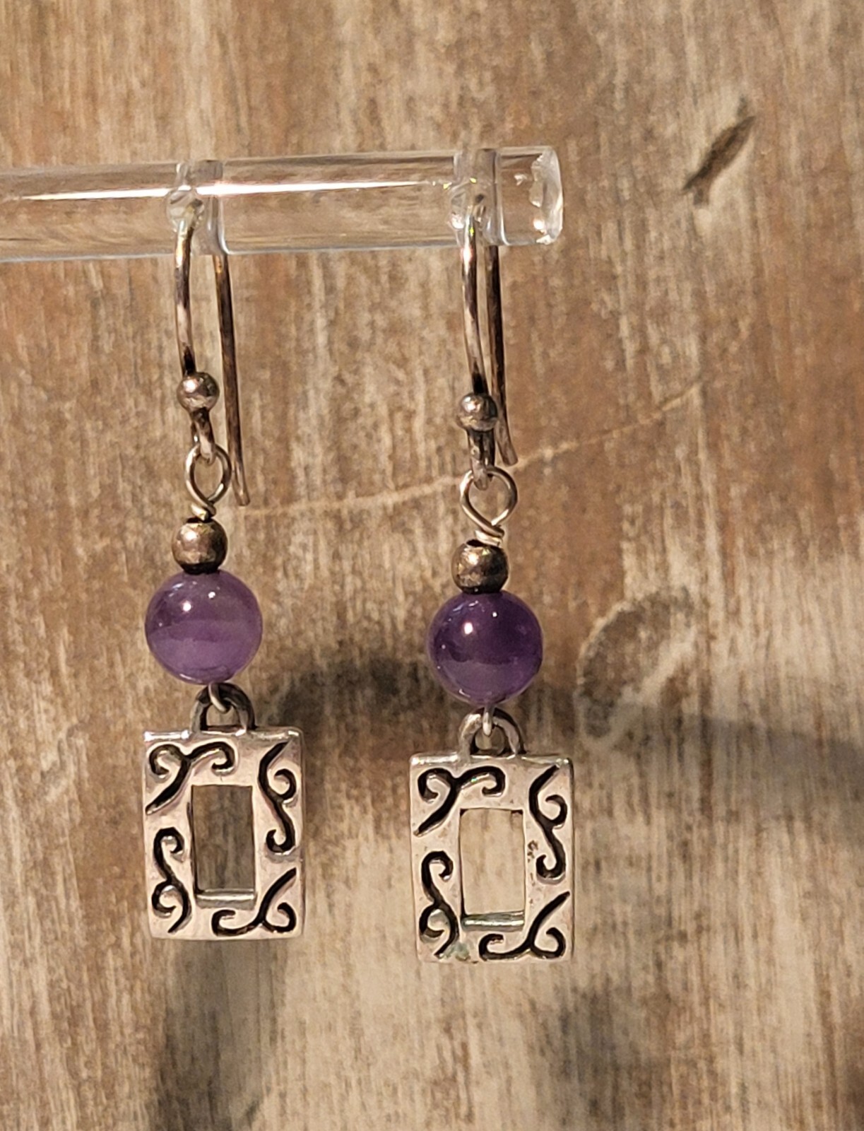 Amethyst Earrings Floral Rectangular Drop Dangle … - image 1