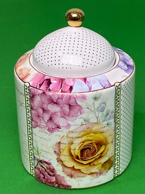 Ceramic Flora Bella Vanity Bathroom Cosmetic Cotton Ball & Q Tip Jar With Lid
