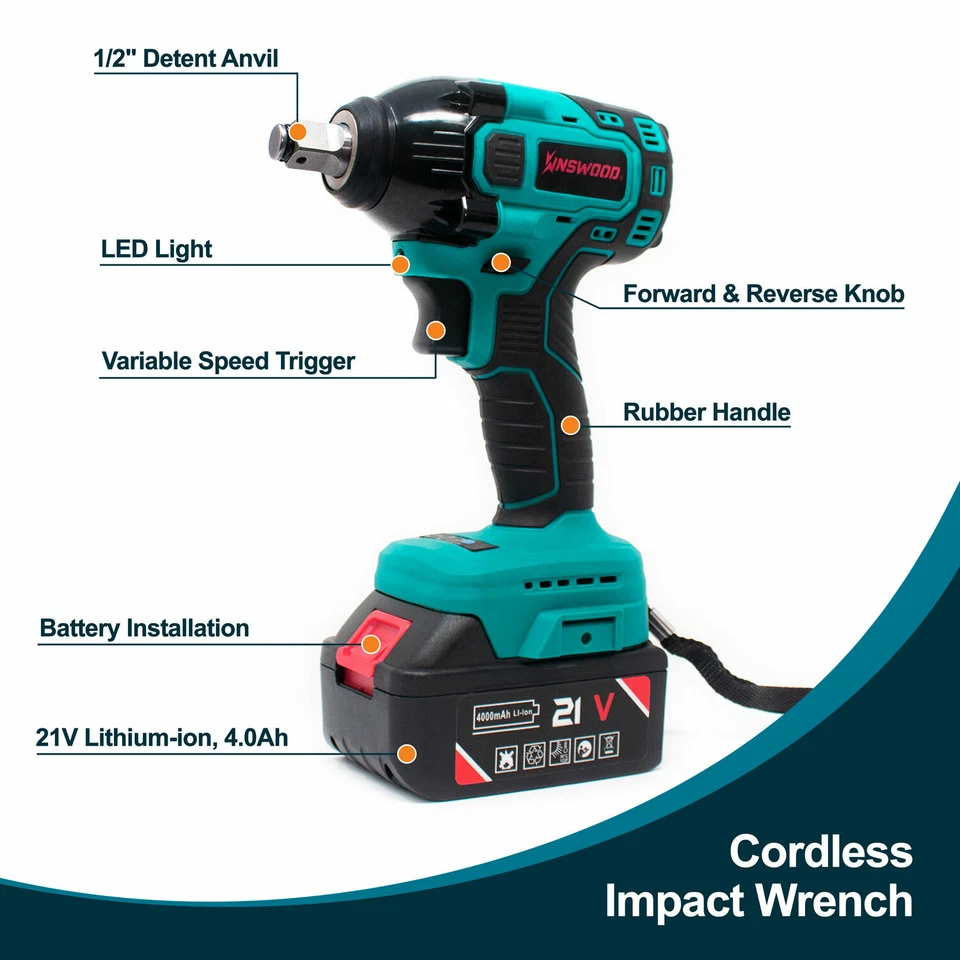 Kinswood Cordless Impact Wrench kit 21V with Drill Set 7 pcs Heavy Duty 310LB tq - Image 2 of 4
