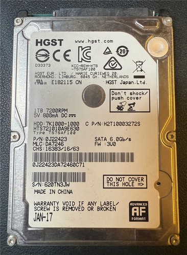 HGST, 1TB, 7K1000-1000, HTS721010A9E630, S/N: 620TN3JW, SATA HDD