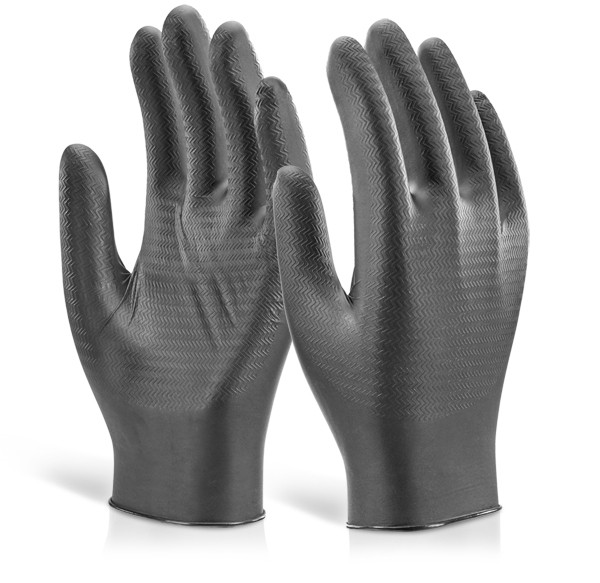 Beeswift Glovezilla Nitrile Disposable Gripper Gloves Powder Free Black Size XXL