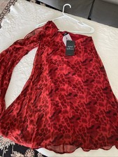 GUESS BY MARCIANO  Red LEOPARD Print One Shoulder Silk Mini Dress Long Sleeve XS